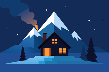 Fototapeta premium A beautiful winter scene shows a cozy Christmas cottage nestled in a snowy mountain landscape under a starry night sky