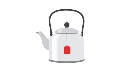 Obraz premium A simple, light gray tea kettle, displaying a red tag, is depicted against a plain white background.