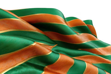 Waving flag with green and orange stripes, gold trim, elegant design, movement