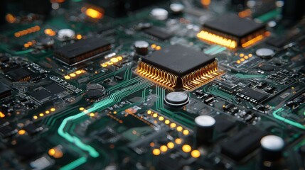 Obraz premium Intricate close-up of a glowing motherboard, showcasing complex circuitry and advanced technology with vibrant neon lights, symbolizing innovation and digital future