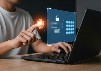 Person using fingerprint scanner for digital security and login on a laptop with a glowing interface