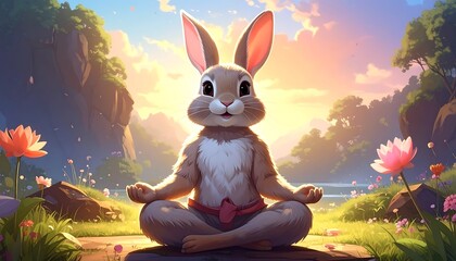A peaceful, light-filled landscape showcases a cute rabbit in a serene meditation pose, bathed in warm sunlight.