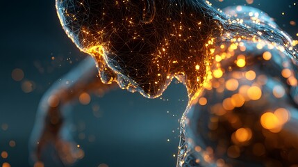 Dynamic human form illuminated by glowing neural network connections, symbolizing thought, data, and innovation in a futuristic abstract concept