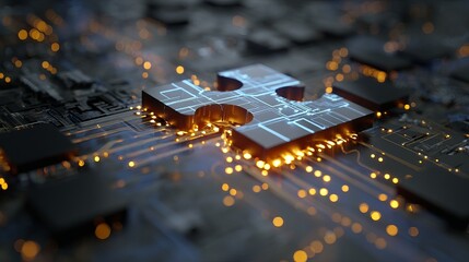 Futuristic puzzle piece connects glowing circuits on dark technology background, symbolizing innovation and digital connection