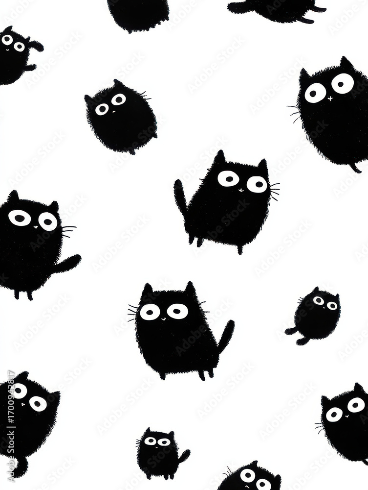 Poster whimsical black cat pattern: a playful composition features a captivating pattern of adorable black 