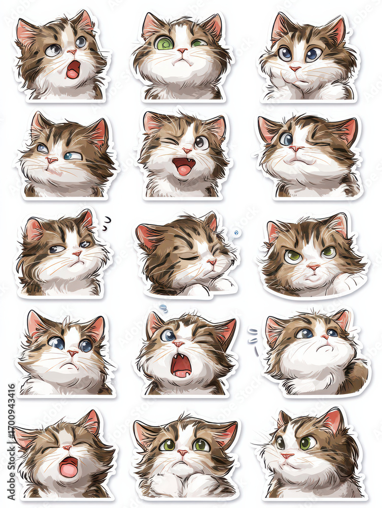 Poster multiple expressions of fluffy cat: a collection of charming cat sticker with various expression: wo