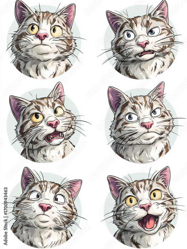 Poster expressionist cat's emotions: a charming illustrated montage of a feline's expressions, each panel c