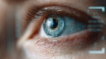 Stunning close-up of a human eye with futuristic digital interface overlay, symbolizing advanced technology, data, and biometric identification.