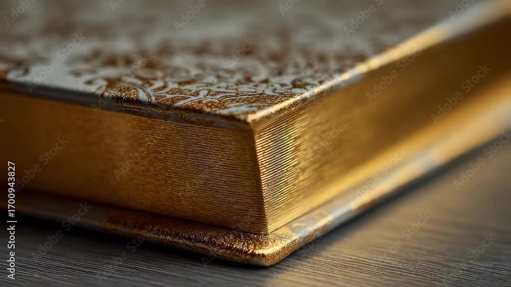 Poster medium shot of brushed gilded edge on a luxury book page sharp focus on metallic texture with soft b