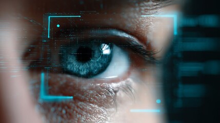 Discovering the future with an intense blue eye scanning digital data streams and futuristic interface elements