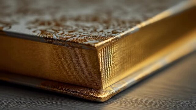 Medium shot of brushed gilded edge on a luxury book page sharp focus on metallic texture with soft blurred background highlighting intricate detail.