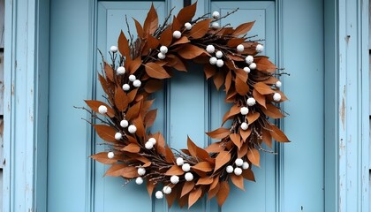 Autumnal wreath from brown leaves and white spherical decorations hanging on a light blue door. Seasonal fall decoration, cozy autumn home decor.