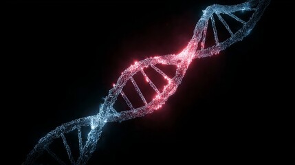 Captivating glowing DNA helix structure pulses with vibrant red and blue energy against a dark, abstract background representing life science innovation.
