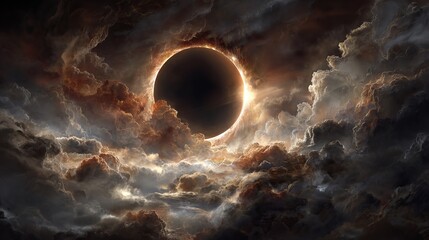 Witness the awe-inspiring spectacle of a total solar eclipse casting dramatic light through turbulent, fiery clouds