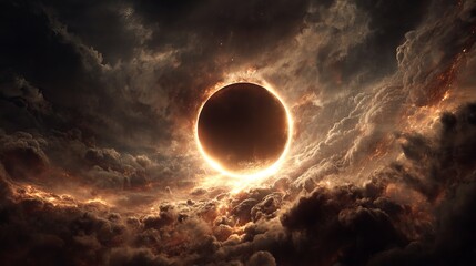 Dramatic solar eclipse descends through fiery, turbulent clouds, casting an awe-inspiring cosmic spectacle of light and shadow.