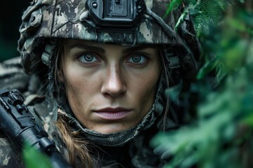 A female soldier in camouflage gazes intently, her face partially obscured by foliage. The intense expression conveys determination and readiness for action.