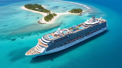 An aerial view of a luxury cruise ship anchored in turquoise water by a tropical island paradise.