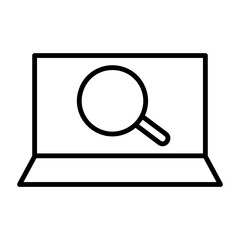 Computer search icon in line art style with laptop and magnifying glass isolated on white background.