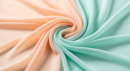 Swirled peach & teal chiffon fabric background, perfect for fashion designs, weddings, easter, spring events, promotions, or social media posts. Soft, airy texture.
