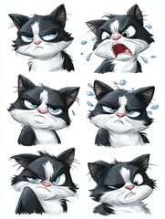 Obraz premium Cat's Emotions Illustration: A set of six meticulously illustrated cartoon cat faces vividly expressing a range of intense emotions, from smoldering anger to utter despair. 