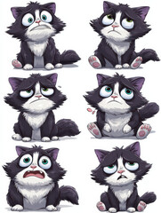 Obraz premium The Many Moods of a Cartoon Cat: A collection of expressive cartoon cat showcasing a range of emotions, from playful to sad, capturing a diverse spectrum of feelings. 