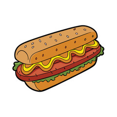 Grilled sausage sandwich with onions and mustard illustration