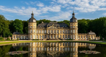 Majestic Chateau Reflected in Tranquil Waters.