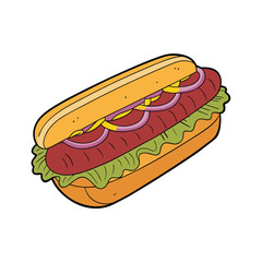 Delicious grilled sausage sandwich with onions and mustard illustration