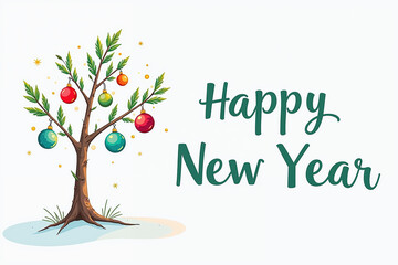 Obraz premium A tree with colorful ornaments and leaves, surrounded by stars, with Happy New Year written in green cursive on a white background, celebrating Christmas.