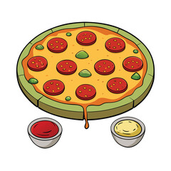 Large pepperoni pizza with multiple dipping sauces