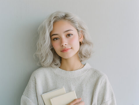 Persona con cabello plateado y ondulado sostiene libros cerrados con cubiertas claras. Viste su&eacute;ter texturizado, expresi&oacute;n neutra, est&eacute;tica suave y limpia, estilo moderno y ambiente tranquilo y ordena