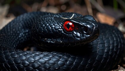 Dark snake with red eyes, coiled on leaves. Scales glint. Gaze is intense. Low-angle close-up