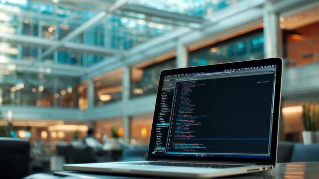 Clear foreground of a Linuxbased virtual machine terminal window running on a laptop contrasted against an outoffocus corporate environment.