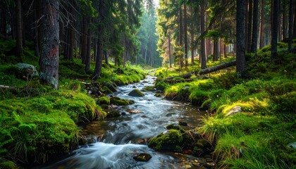 Obraz premium A tranquil forest stream winds through a lush green landscape, illuminated by soft sunlight.