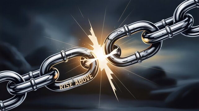 Digital illustration of broken silver chain reconnecting with golden glow – Suitable for strength branding, inspirational posters, or motivational design