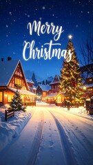 Christmas card illustration of snow-covered street at night, with cottages, a market, and a tall, decorated Christmas tree in the town square. "Merry Christmas" script over the street.
