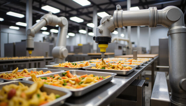 Automated robotic arm serving pasta dishes in a modern kitchen, food production concept, meal delivery services, catering companies