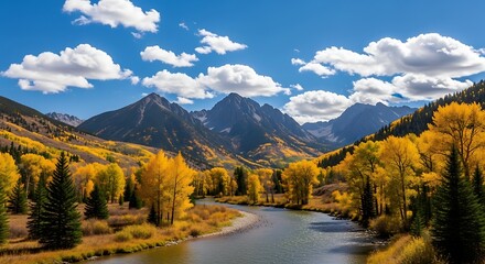 Majestic Mountain River Valley in Autumn.