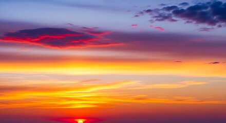 Fototapeta premium Vibrant sky panorama with colorful cloud formations and sun glow paint strokes across horizon