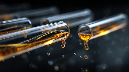 Naklejka premium Captivating close-up of golden liquid dripping from scientific test tubes creating vibrant motion and abstract beauty
