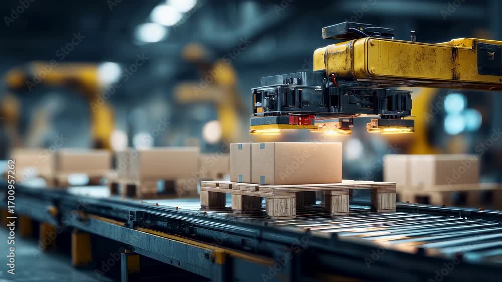 Poster medium shot featuring an automated pallet stacker lifting goods in a busy warehouse background machi