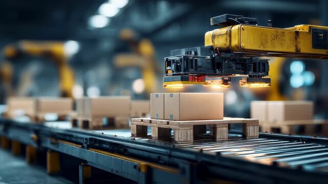 Medium shot featuring an automated pallet stacker lifting goods in a busy warehouse background machinery and workers out of focus to emphasize robotics in inventory management.