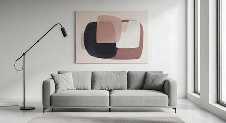 Minimal living room interior with modern sofa, floor lamp, and abstract wall art, natural daylight.