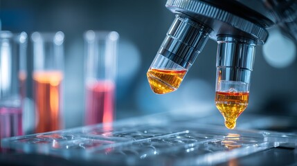 Capturing microscopic wonders, a scientist examines vibrant liquids under a professional laboratory microscope, revealing intricate details.