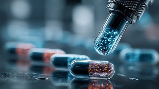 Futuristic capsule technology unlocks brilliant microscopic particles, representing advanced pharmaceutical innovation and scientific discovery.