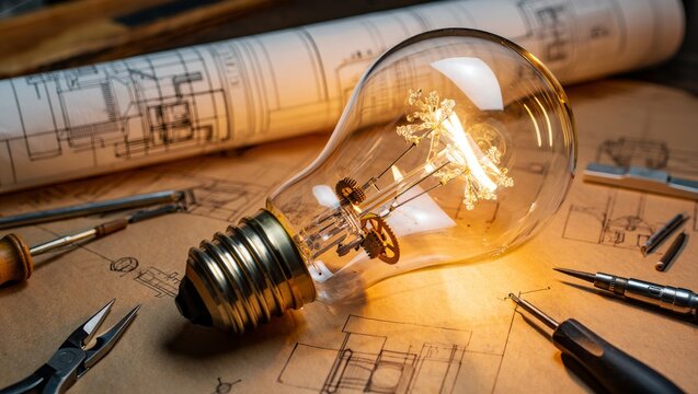 Close-up of a glowing light bulb with internal gears symbolizing innovation on top of engineering blueprints and tools under warm light
