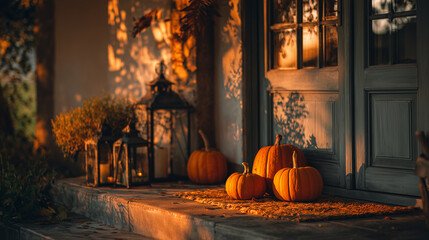 Obraz premium Pumpkins and lanterns on a doorstep, golden autumn evening light