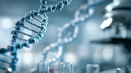 Discovering breakthroughs with detailed DNA helix visualization and laboratory glassware in a modern research setting