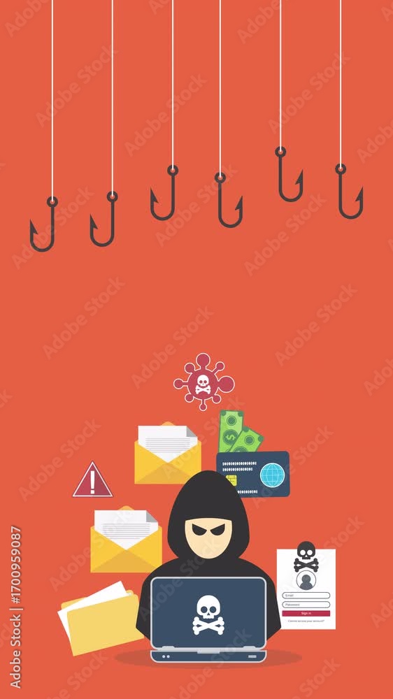 Poster hacker with laptop computer stealing confidential data, personal information and credit card detail.