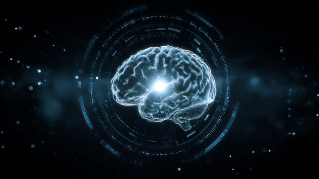 Illuminated holographic brain with futuristic HUD interface glowing in dark digital space, symbolizing innovation and intelligence